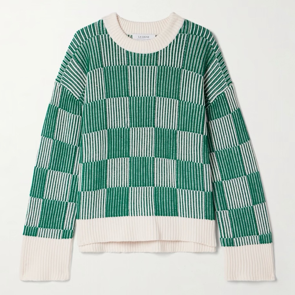 La Ligne Ribbed Checked Merino Wool and Cotton-Blend Sweater